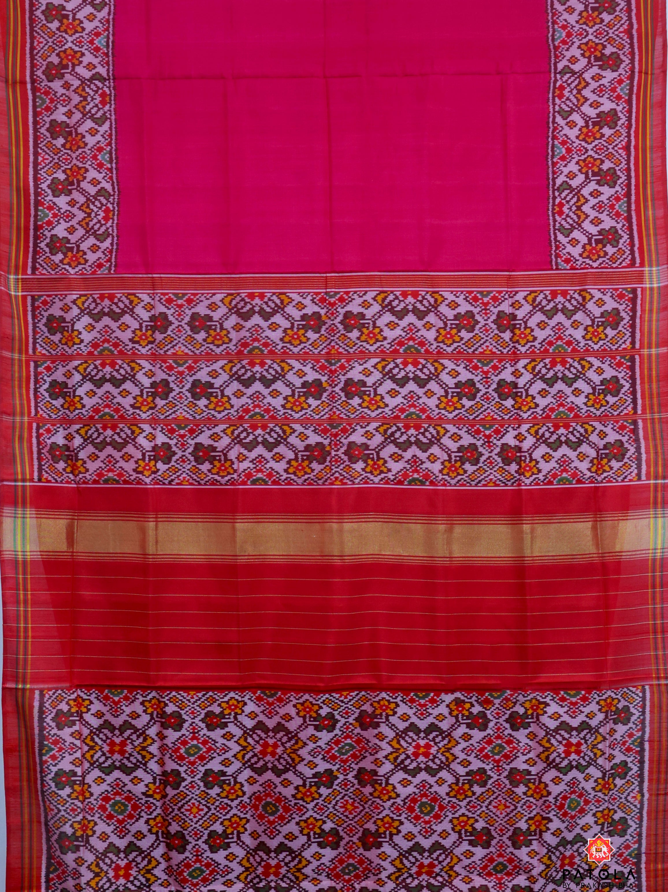 Plain Rani Pink With Navratna Design Border Semi Double Ikat Patola Saree